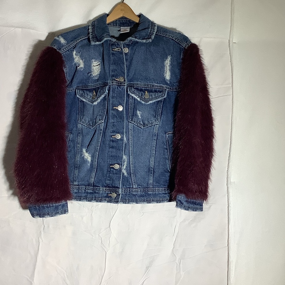 Distressed, Up-cycled Denim Jacket with Faux Fur Sleeves Size S
